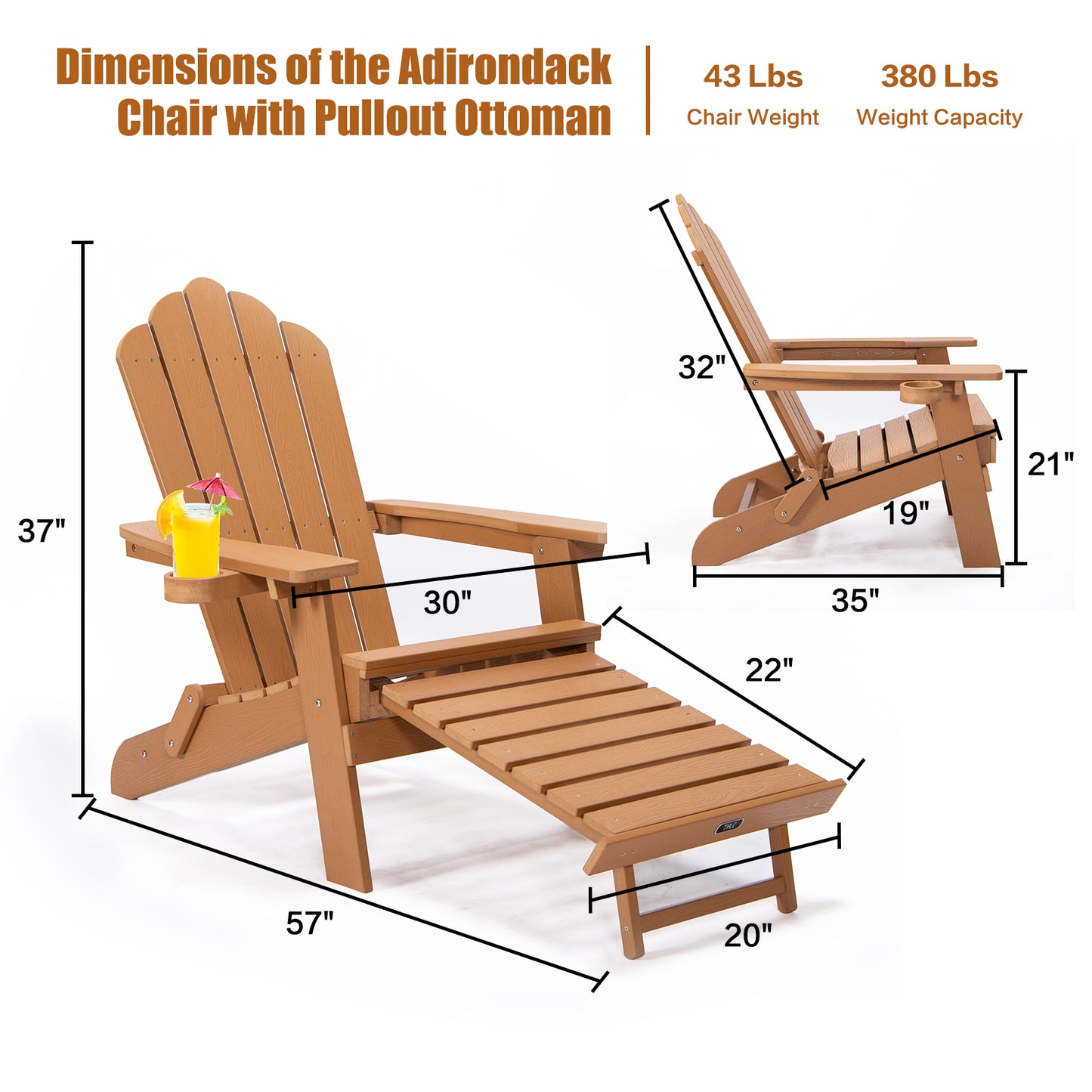 Foldable Adirondack Chair with Pull-Out Ottoman with Cup Holderr