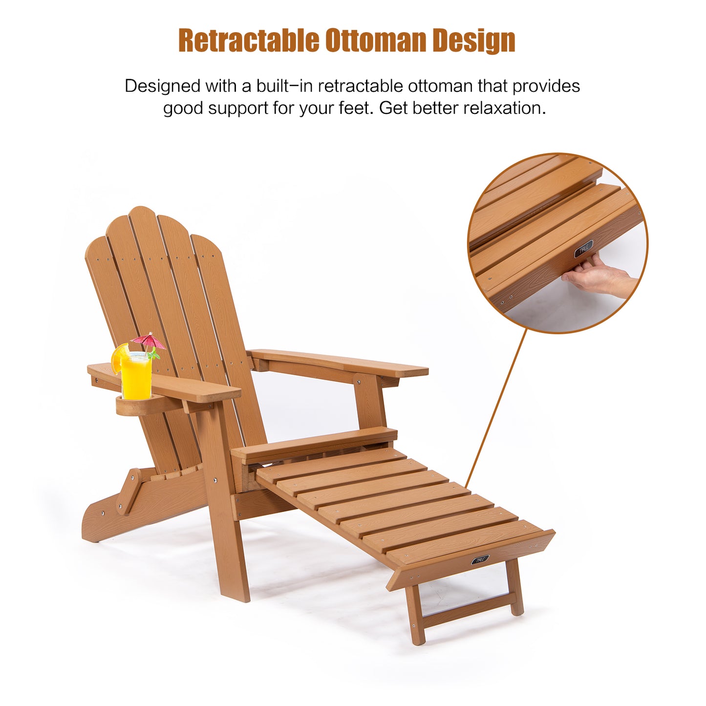 Foldable Adirondack Chair with Pull-Out Ottoman with Cup Holderr